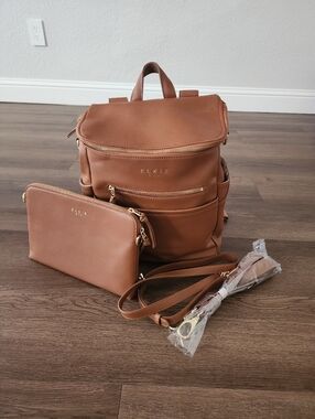 elkie& Co Brown Vegan Leather Backpack with Additional Clutch